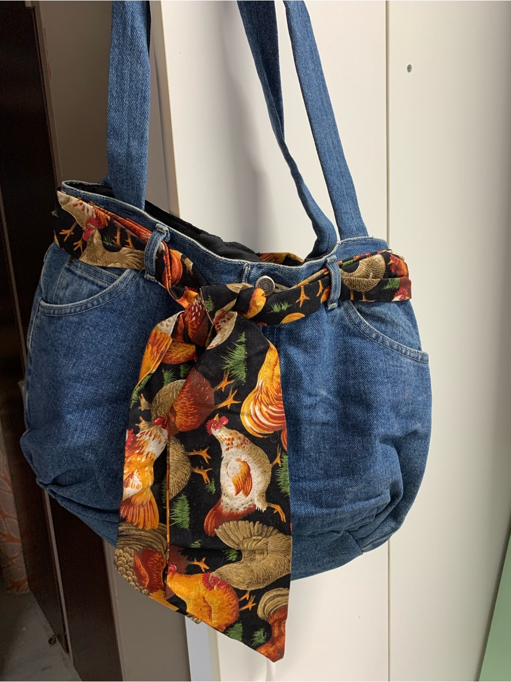 Denim Tote Bag with Rooster-Print Scarf Accent - Blue